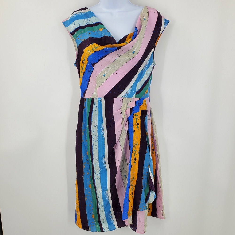Plenty by Tracy Reese Striped Cowl Neck Ruffle Dress Multi Color 6 Art Boho